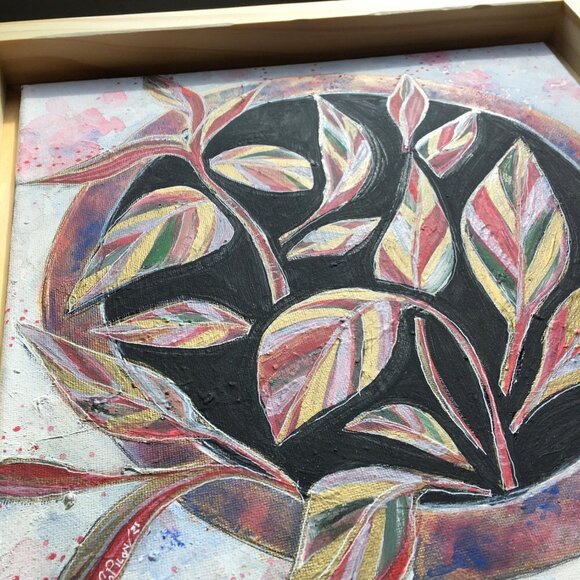 Pink Plant Painting - Boho Plant Art in Floating Wood Frame, Modern Office Decor - Picture 2 of 9